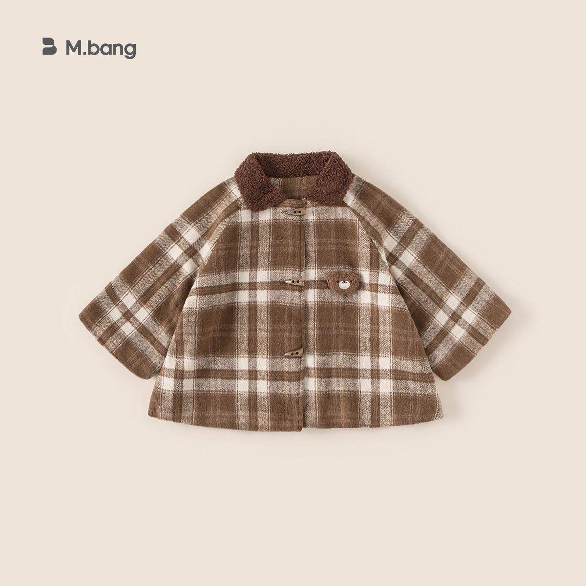 宥宝童装秋装儿童上衣保暖衣服翻领女宝宝羊角扣大衣格纹女童外套