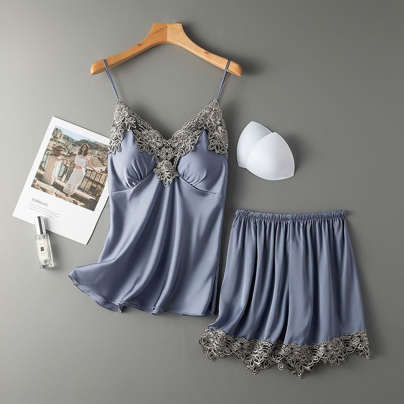 Sexy Temptation Pajamas for Women Summer with Breast Pads Push-Up Suspender Shorts Two-Piece Set Ultra-Thin Printed Home Wear Set