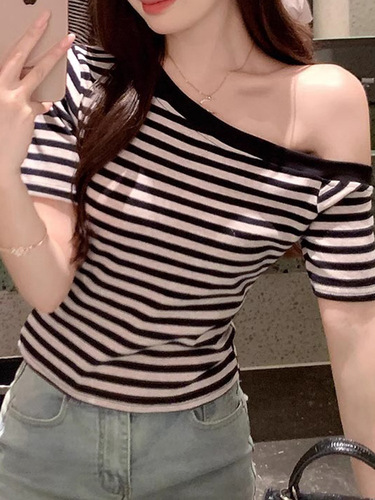 Pure Desire Style Ins Hot Girl Shoulder-Strap Striped Short-Sleeve T-Shirt for Women 2025 Summer Fitted Base Layer Fashion Top for Women