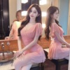 Mesh low cut candy colored flying sleeves with ruffled edges as a base dress