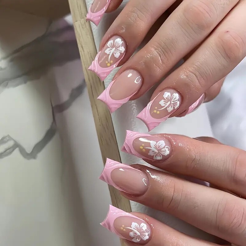 Cross-Border Hot Sale Medium Square Nails 3D Flower Pink French Sweet Wearable Nails Removable Fake Nails Wholesale Cross-Border Hot Sale Medium Square Nails 3D Flower Pink French Sweet Wearable Nails Removable Fake Nails Wholesale
