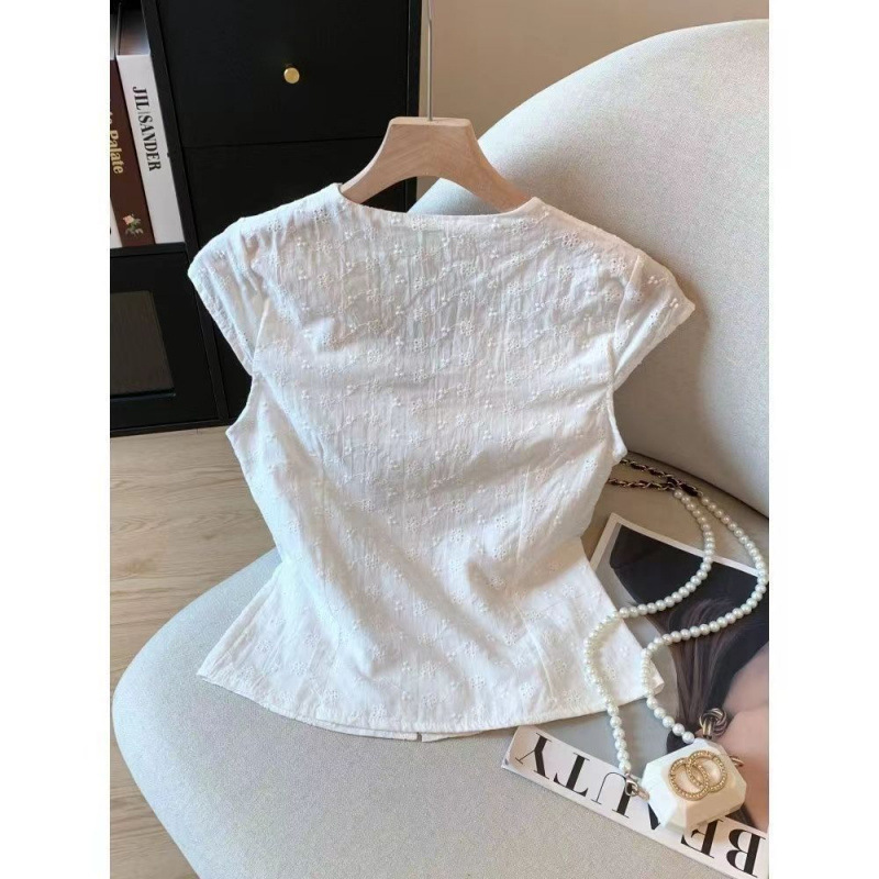 French Lace Embroidered Hollow-Out White Short-Sleeve Shirt for Women, New Summer Style with Elegant Bow and Flutter Sleeves French Lace Embroidered Hollow-Out White Short-Sleeve Shirt for Women, New Summer Style with Elegant Bow and Flutter Sleeves