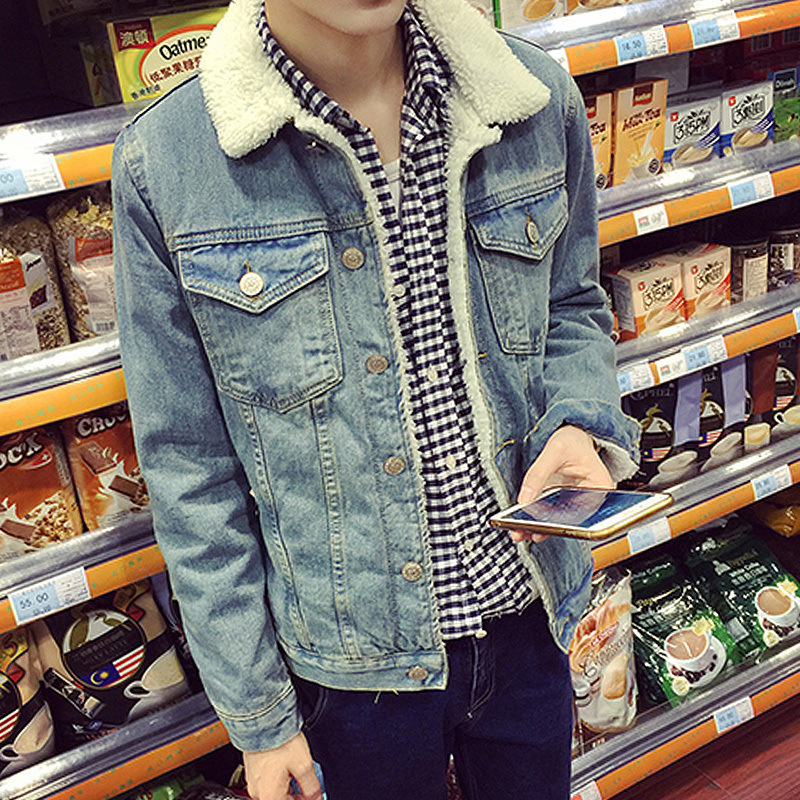 Abrigo de mezclilla con forro polar de invierno para hombre abrigo retro engrosado de algodón acolchado Cuello de piel ropa superior chaqueta abrigo de lana de cordero ropa de hombre