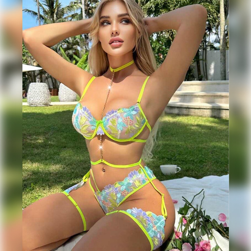  Cross-border Colorful Flower Leaf Embroidery Lace Metal Chain Patchwork Sexy Lingerie Set