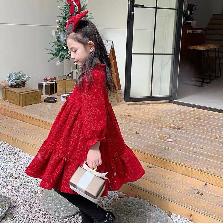 2022冬款儿童加绒连衣裙中国红闪耀金线童裙 一件代发111599