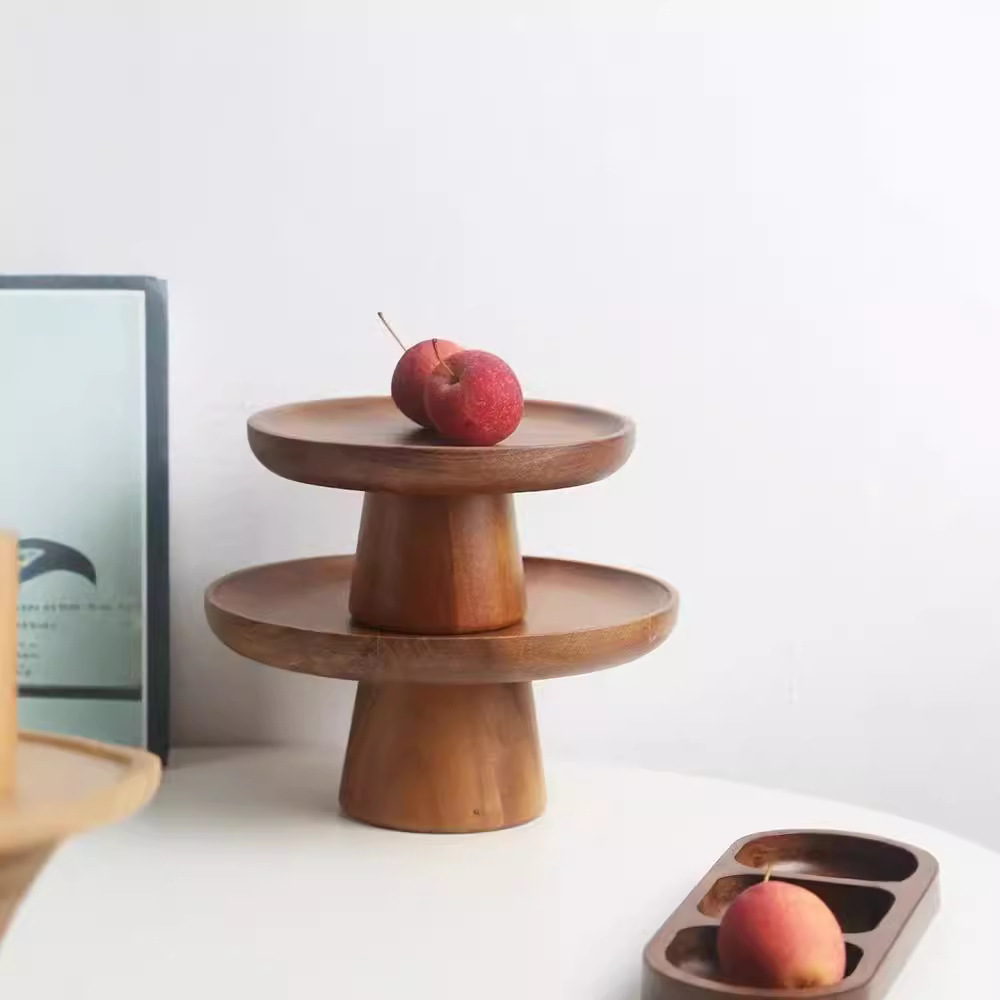 Retro pies altos Acacia pastel bandeja de madera sala de estar casera snack plato de postres estante de exhibición de madera snack plato de fruta