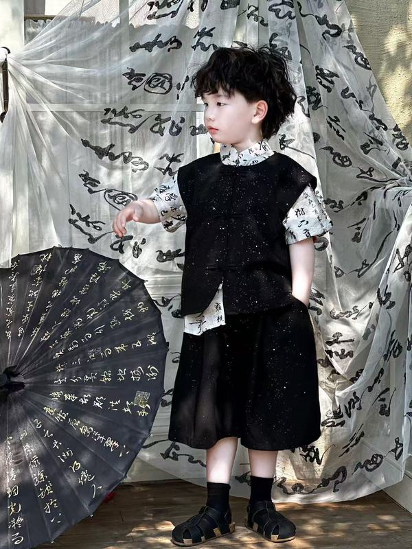 子供のベストスーツショーツ 2025 夏の新中国風の男の子唐装漢服国民風子供服ドロップシッピングトレンド|undefined