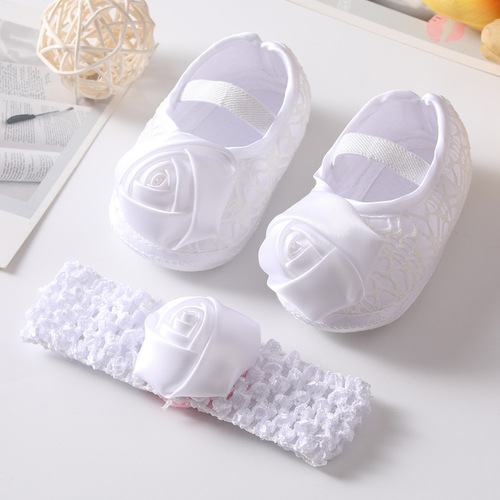  New Baby Shoes Headband Set Cute Princess Shoes European and American Rose Flower 0-6-9-11 Month Baby Shoes