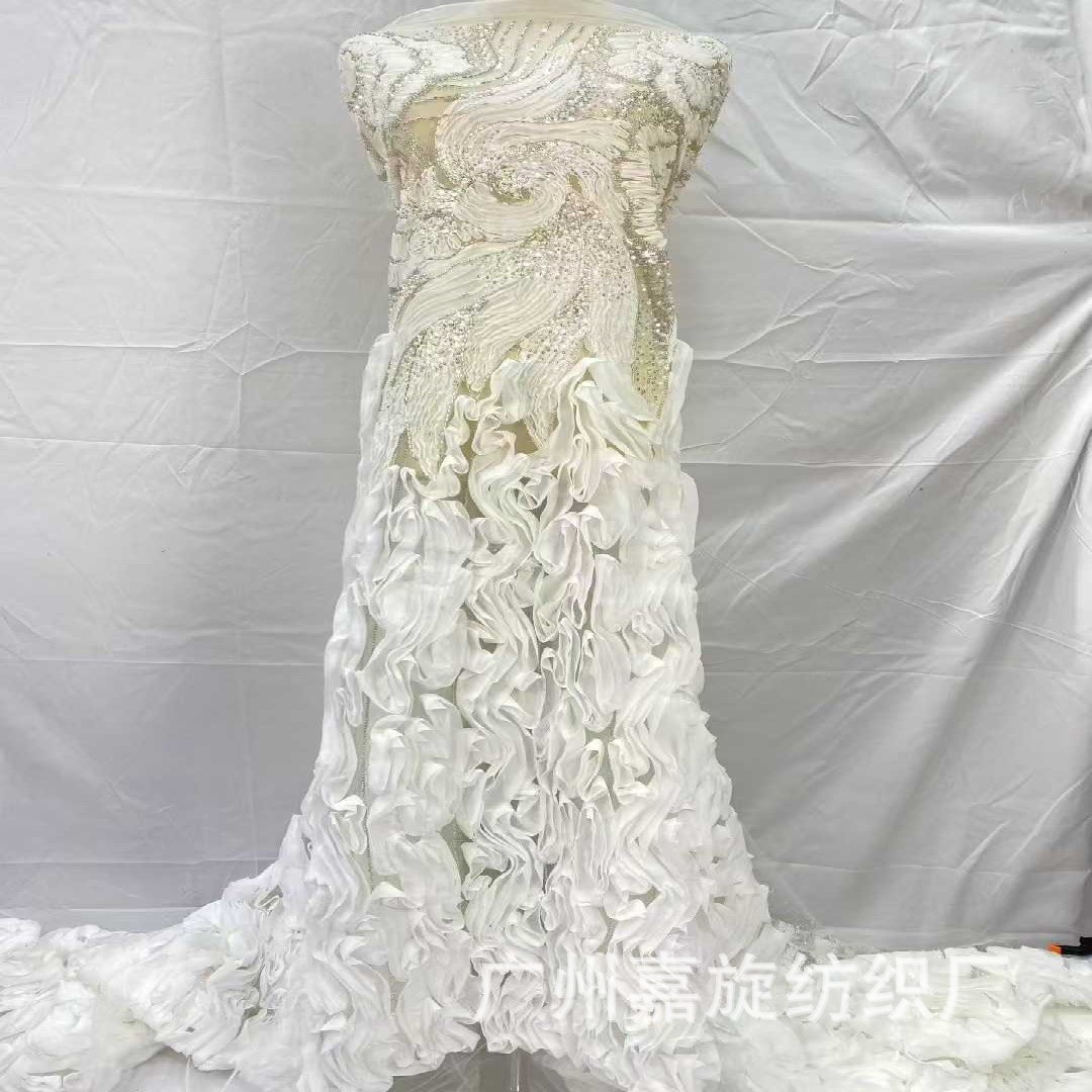 Tela bordada para vestido de novia con lentejuelas florales tridimensionales, encaje de malla transparente, estilo europeo y americano.