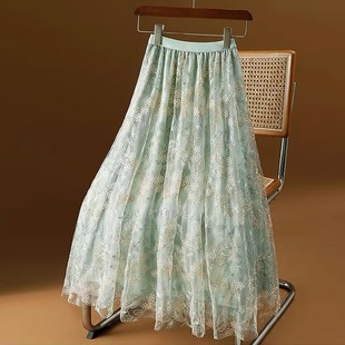 Floral Embroidered Mesh Dress 2025 Summer New Women's Mid-Length High Waist A- Line Skirt Fairy Dress