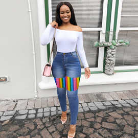 亚马逊WISH速卖通欧美外贸女装时尚高腰弹力撞色拼接紧身牛仔裤女