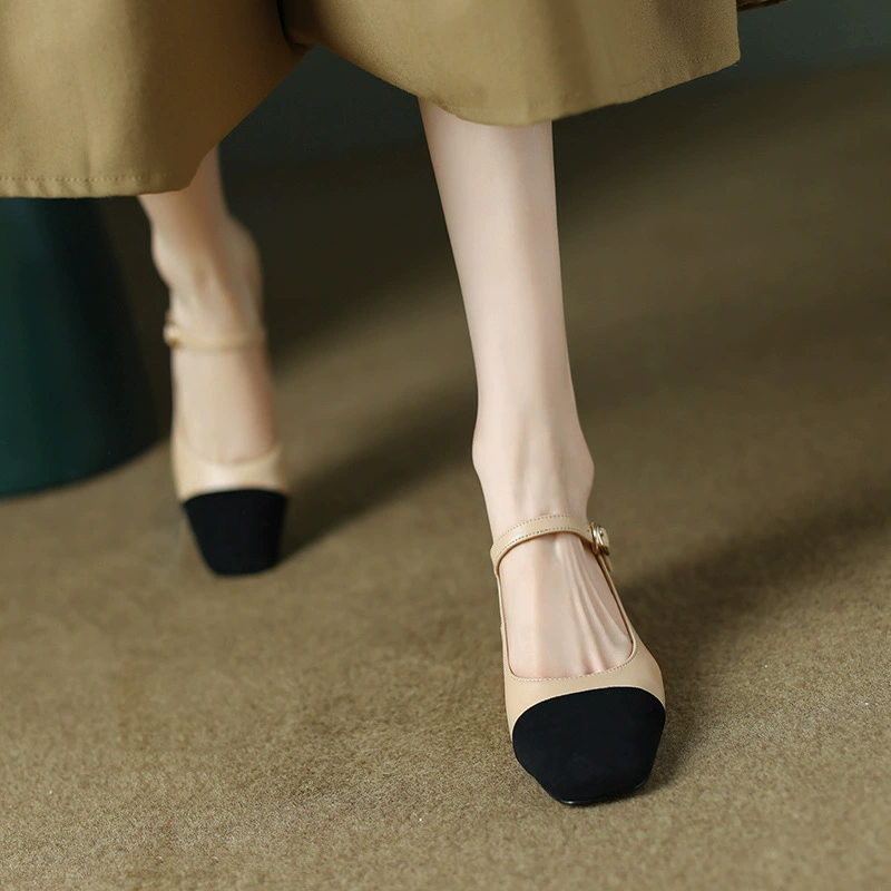 Женские туфли с квадратной головкой в стиле Chanel, однослойные туфли из овчины среднего каблука в стиле ретро, однослойные туфли с цветными блоками на массивном каблуке для женщин