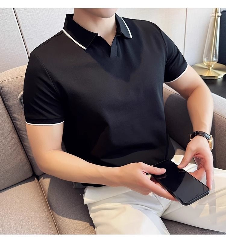 Áo Polo Nam Cổ Bẻ Vải Lụa Băng Mát Mùa Hè Tay Ngắn — màu đen, Cao bồi xanh, màu trắng chi tiết 14