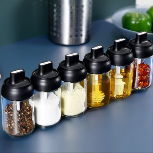Factory Direct Selling Creative Labeled Moisture-Proof Cover Spoon Integrated Seasoning Jar Household Kitchen Spice Container Glass Seasoning Bottle