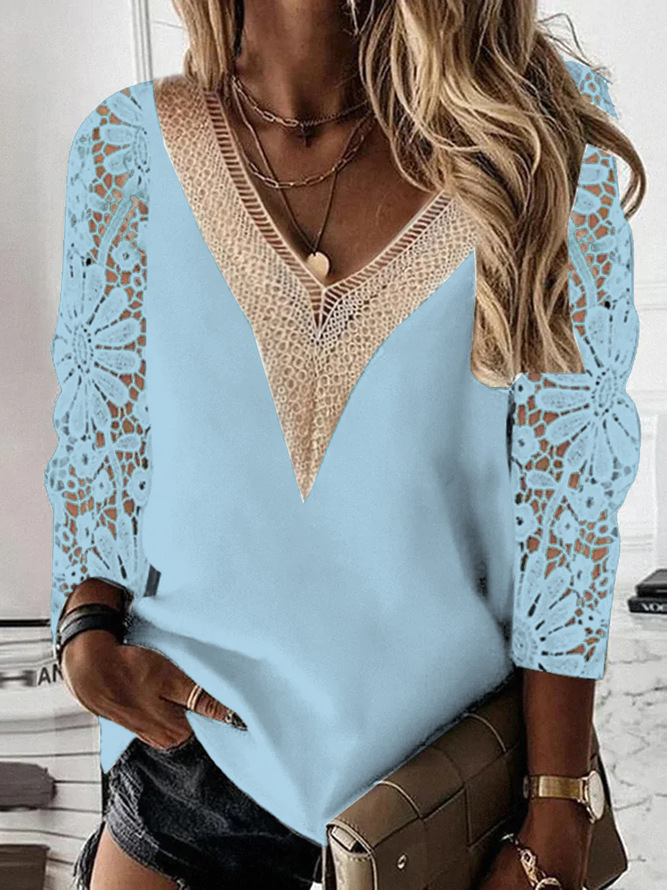 Women's Nine Points Sleeve Blouses Patchwork Hollow Out Elegant Solid Color display picture 4
