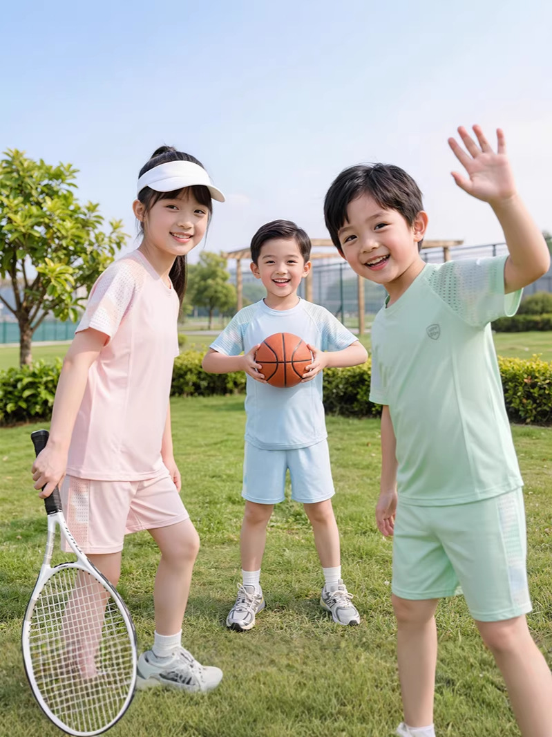 Nuevo conjunto de malla de niños secado rápido, traje deportivo para hombres y mujeres, traje de pantalones cortos de mangas cortas de verano transpirables