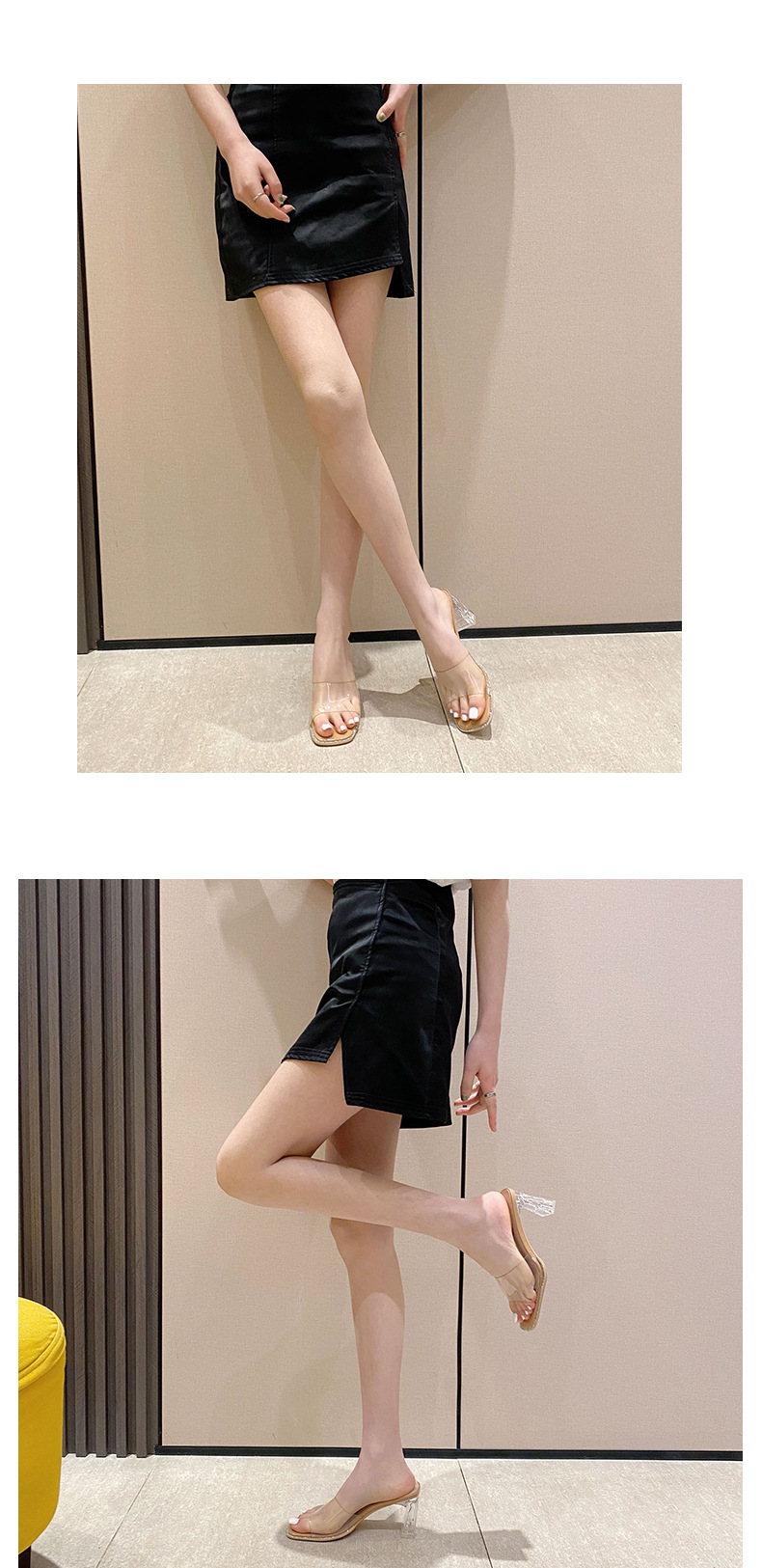 Sandal cao gót nữ mũi vuông quai ngang trong suốt — Màu trắng be chi tiết 5