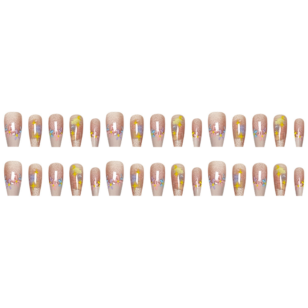 30 piezas de tamaño dividido con uñas falsas, ojos de gato, uñas largas, flores de tres colores, uñas prefabricadas, uñas