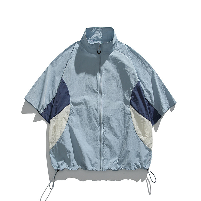 Wassup Summer Couple Casual Simple Cardigan Jacket Men's and Women's Sports Short-Sleeved Workwear Style Contrasting Color Sun Protection Shirt
