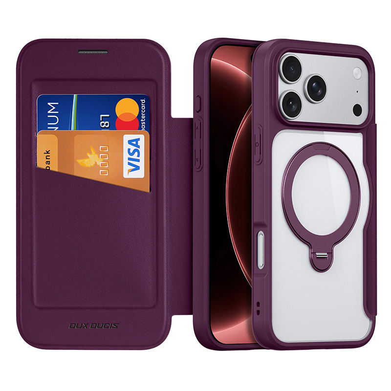 Funda de cuero para iPhone 17 con tapa abatible, compatible con MagSafe y ranuras para tarjetas, ideal para venta al por mayor de fundas para teléfonos Apple 18 Pro.