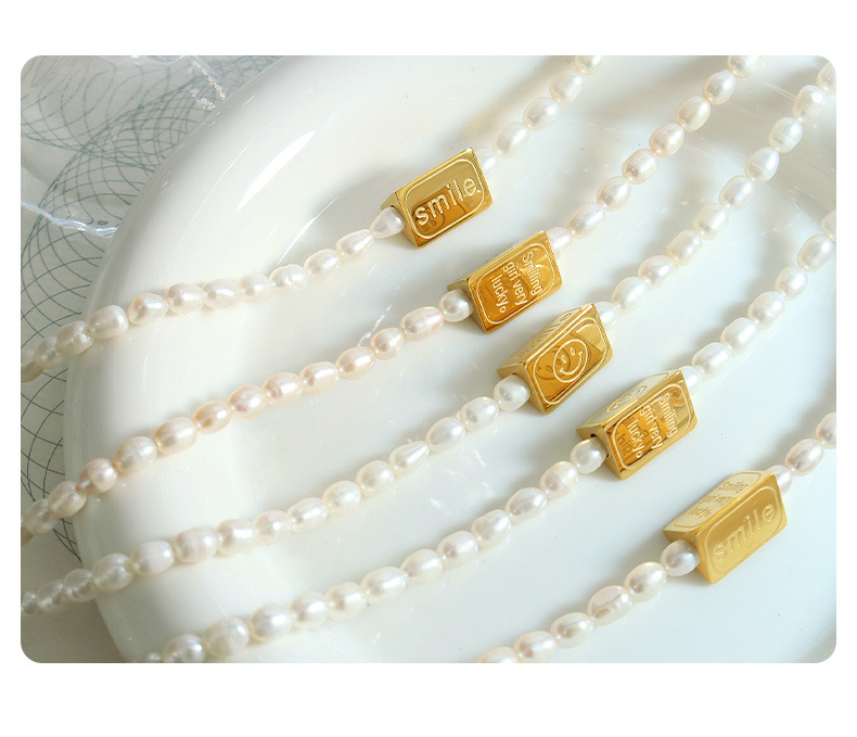 Retro Square Smiley Face Pearl Titanium Steel Necklace