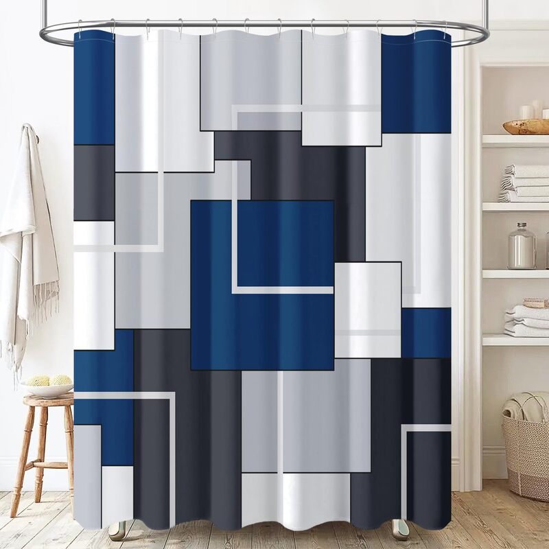 Navy Blue Fabric Shower Curtain Geometric Waterproof Shower Curtain Set Machine Washable Modern Decorative Polyester Bathroom