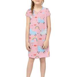 亚马逊热卖 羊驼鸡蛋爱心柠檬图案女生连衣裙 短袖卡通风过膝女裙