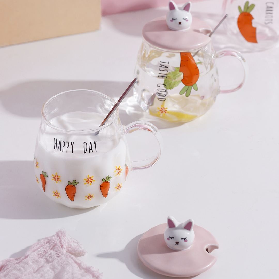 Creativo lindo transparente dibujos animados conejo rábano vidrio con tapa cuchara desayuno personalizado taza de leche japonés