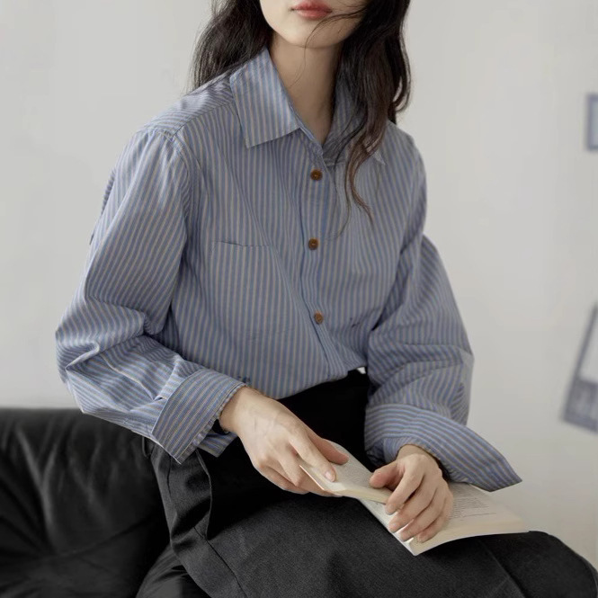 high quality! Elegant Commuter Shoulder Striped Long Sleeve Shirt Women's Spring and Summer New Lapel Shirt Chic Top