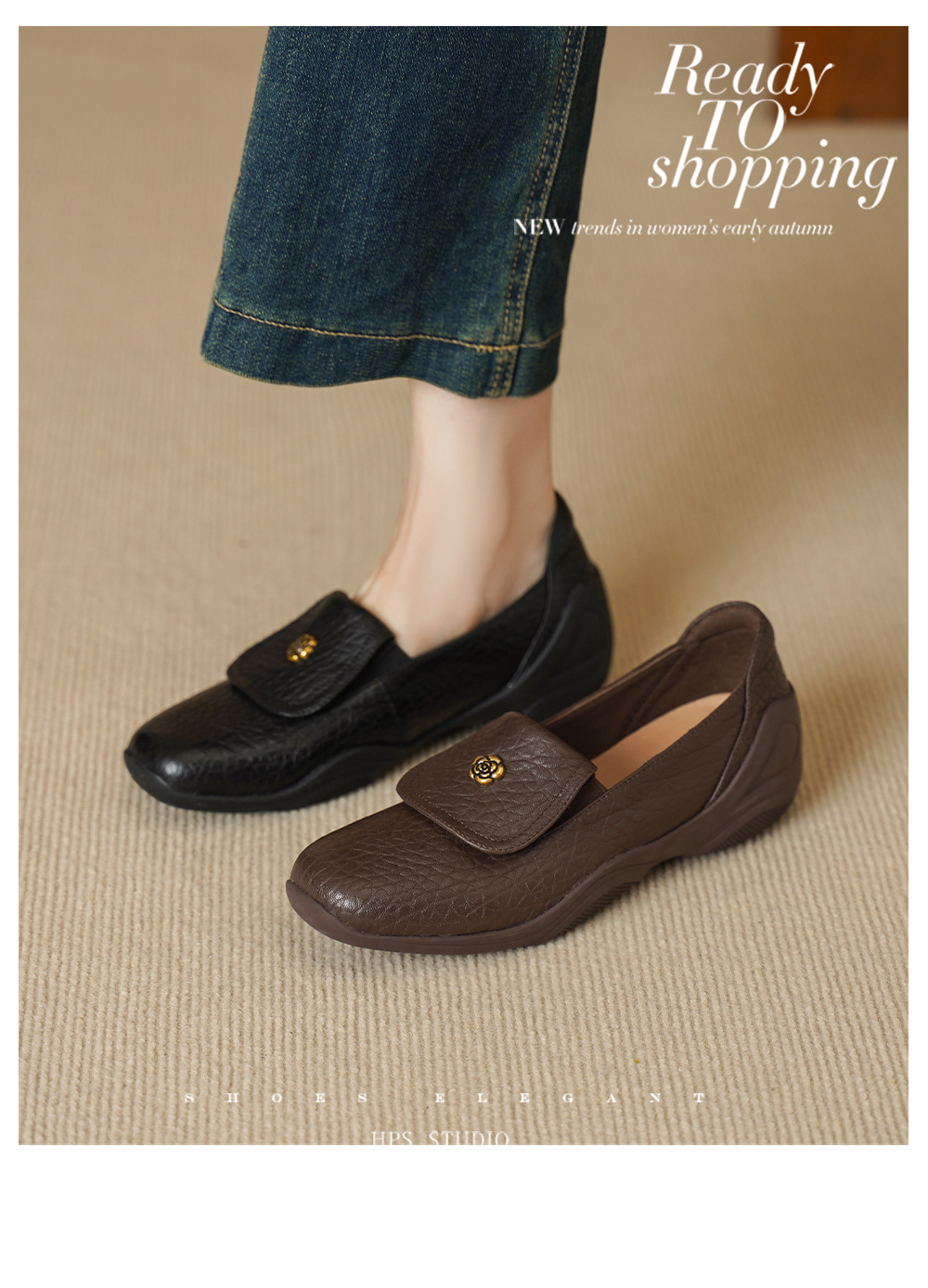 Giày loafer nữ da dê mũi tròn, gót thấp 3 cm, hoa nổi, phong cách cổ điển — màu nâu chi tiết 2