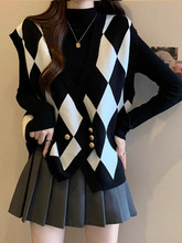 大码菱格针织毛衣马甲套装女秋冬胖mm高级感宽松显瘦遮肉背心上衣