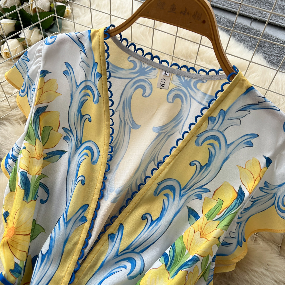 Women's European American Retro V Neck Dress Lace Trimmed Floral Print Fitted Waist Long Skirt Elegant Spring Autumn Wear_ecoleips.com