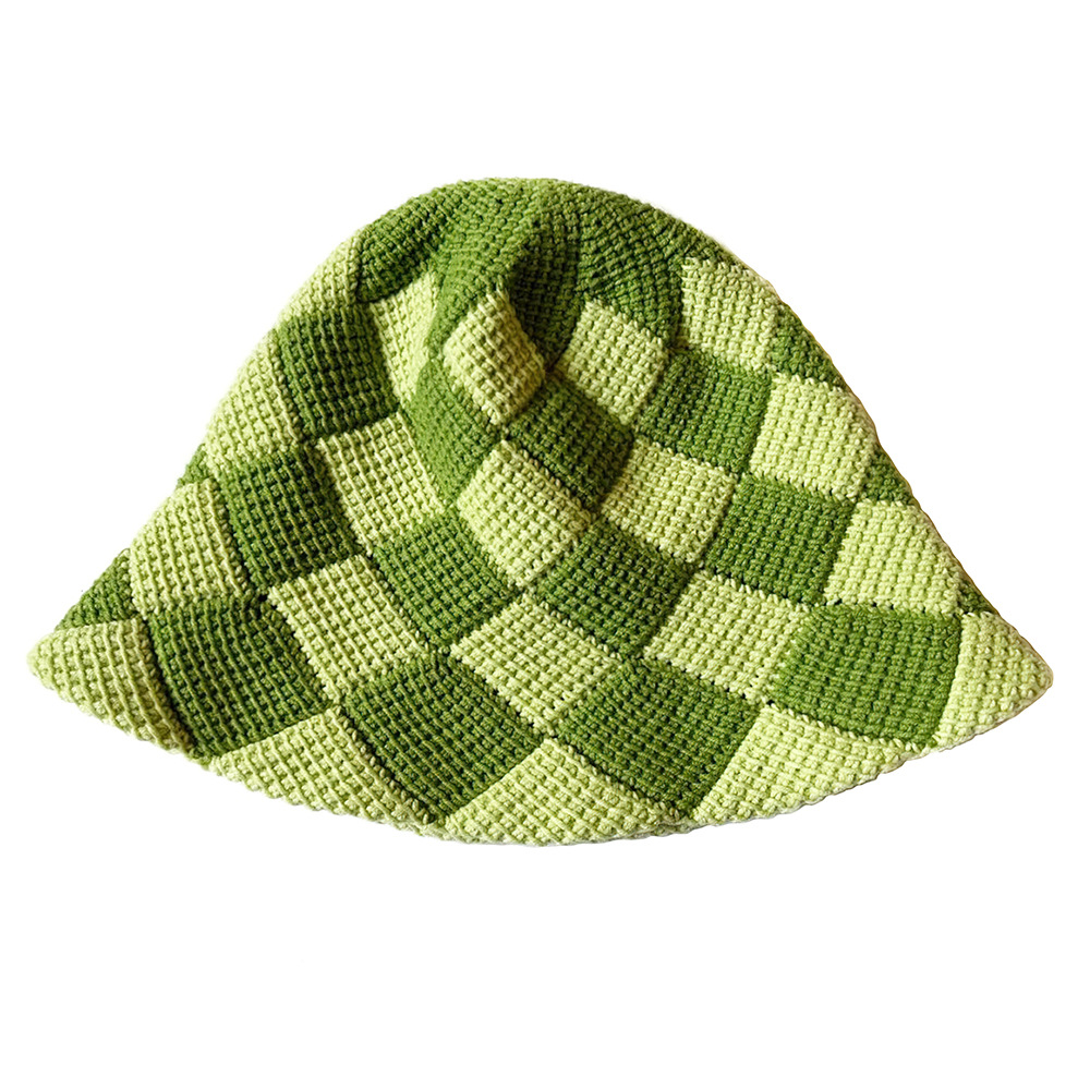 新渔夫帽女四季百搭棉线帽加密钩编针织棋盘格帽时尚休闲手钩帽