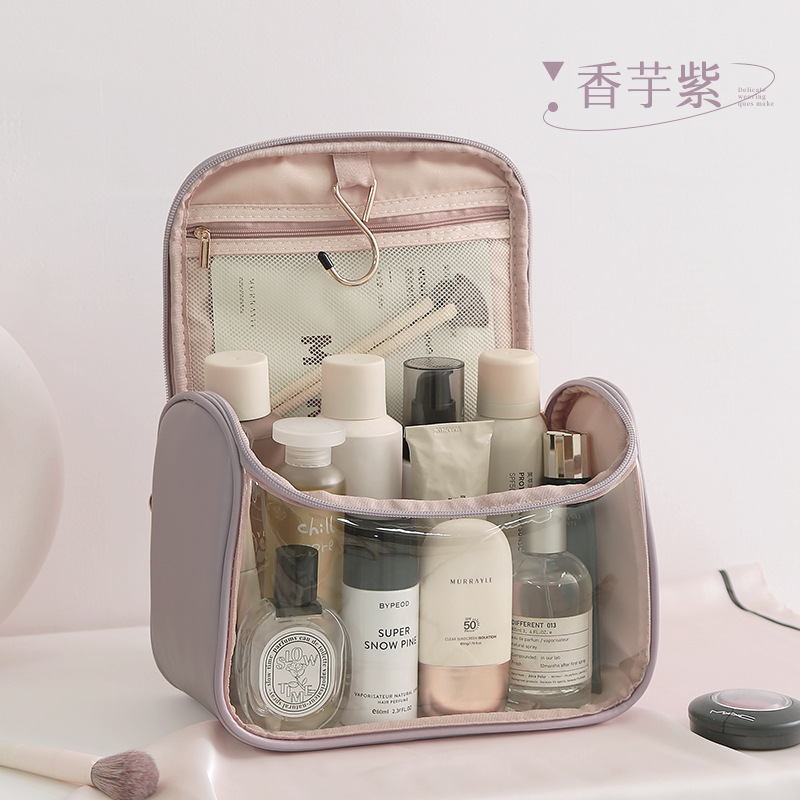 Pvc bolsa de cosméticos portátil bolsa transparente bolsa de almacenamiento de cosméticos de viaje de alto sentido bolsa de lavado colgante de gran capacidad