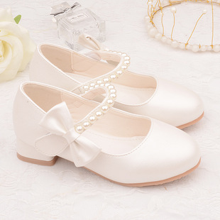 Children's Shoes Factory Wholesale Children's Leather Shoes White Bow Spring and Autumn Girls High Heels Princess Shoes Pearl Trendy Shoes