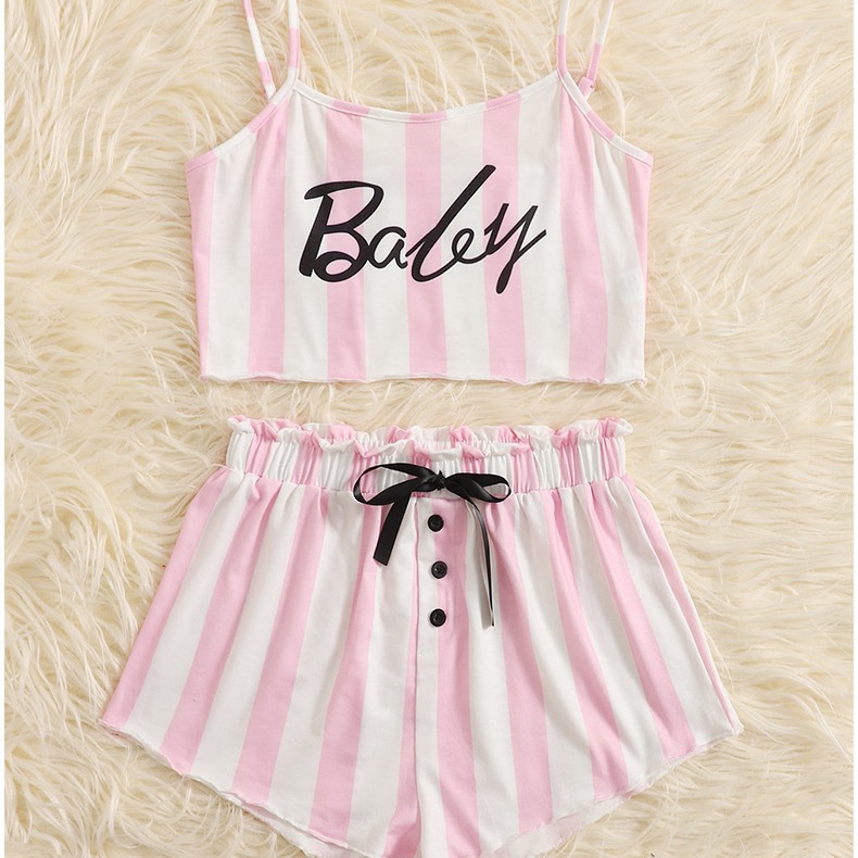 2021歐美跨境可愛舒適吊帶條紋印花短袖針織短褲二件套家居服