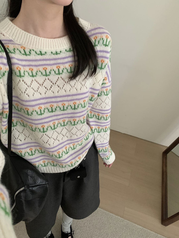 25秋冬女装羊毛衫韩系时尚圆领复古民族风镂空丝羊毛绒针织衫毛衣|undefined