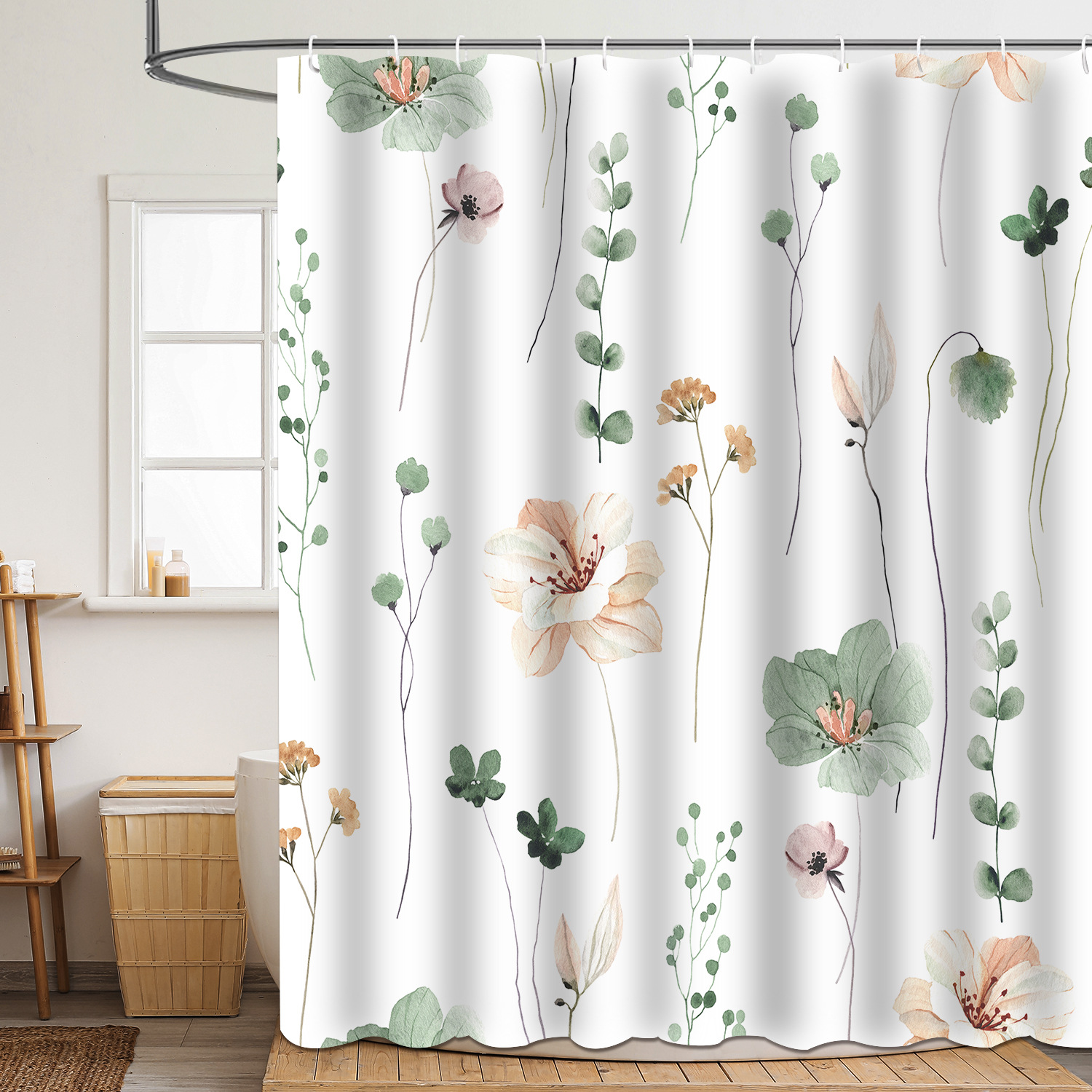 Shower Curtain Cross-Border Wholesale Flower and Leaf Polyester 3D Digital Printing Shower Curtain Waterproof and Mildew-Proof Shower Bathroom Partition Curtain