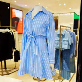 sandro2024新款连衣裙蓝色条纹纯棉长袖女装