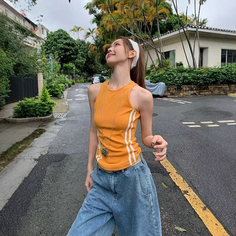 [260g Rayon Modal] Orange Camisole Women's Summer Sexy Contrast Stripesd Sleeveless Top Trendy