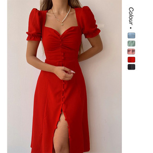 2025 European and American Cross-Border Spring and Summer New V Neck Single-Breasted Elegant Mid-Length Dress 22123