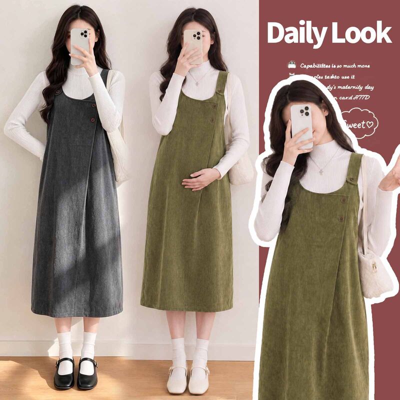 Maternity dress 2026 spring and autumn new corduroy plus-size suspender dress loose slimming mid-length tank dress