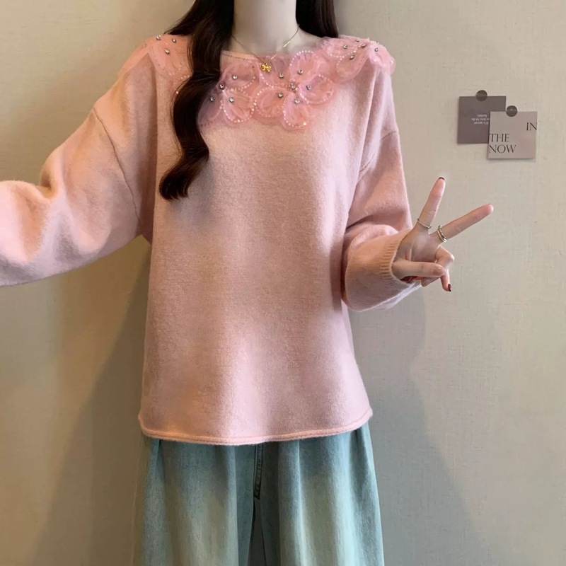 重工花朵钉珠圆领套头毛衣女2025秋冬新款宽松设计感针织衫上衣潮|undefined
