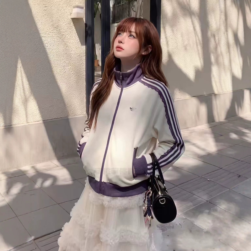Cross-border clover lace trim short jacket for women, new spring/autumn style, loose and casual striped long-sleeve jacket Cross-border clover lace trim short jacket for women, new spring/autumn style, loose and casual striped long-sleeve jacket