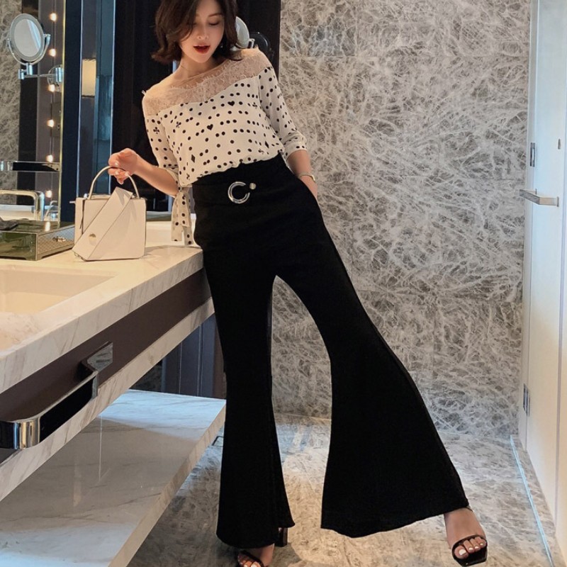 小黑裤女一字领波点女装2021夏季新款拼接宽松垂感阔腿连体裤女|ru