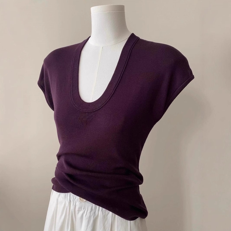 Tencel Purple U-Neck Knitted Shoulder Short-Sleeved T-Shirt Women's Thin Summer Western Style Unique Chic Slim-Fit Slimming Top