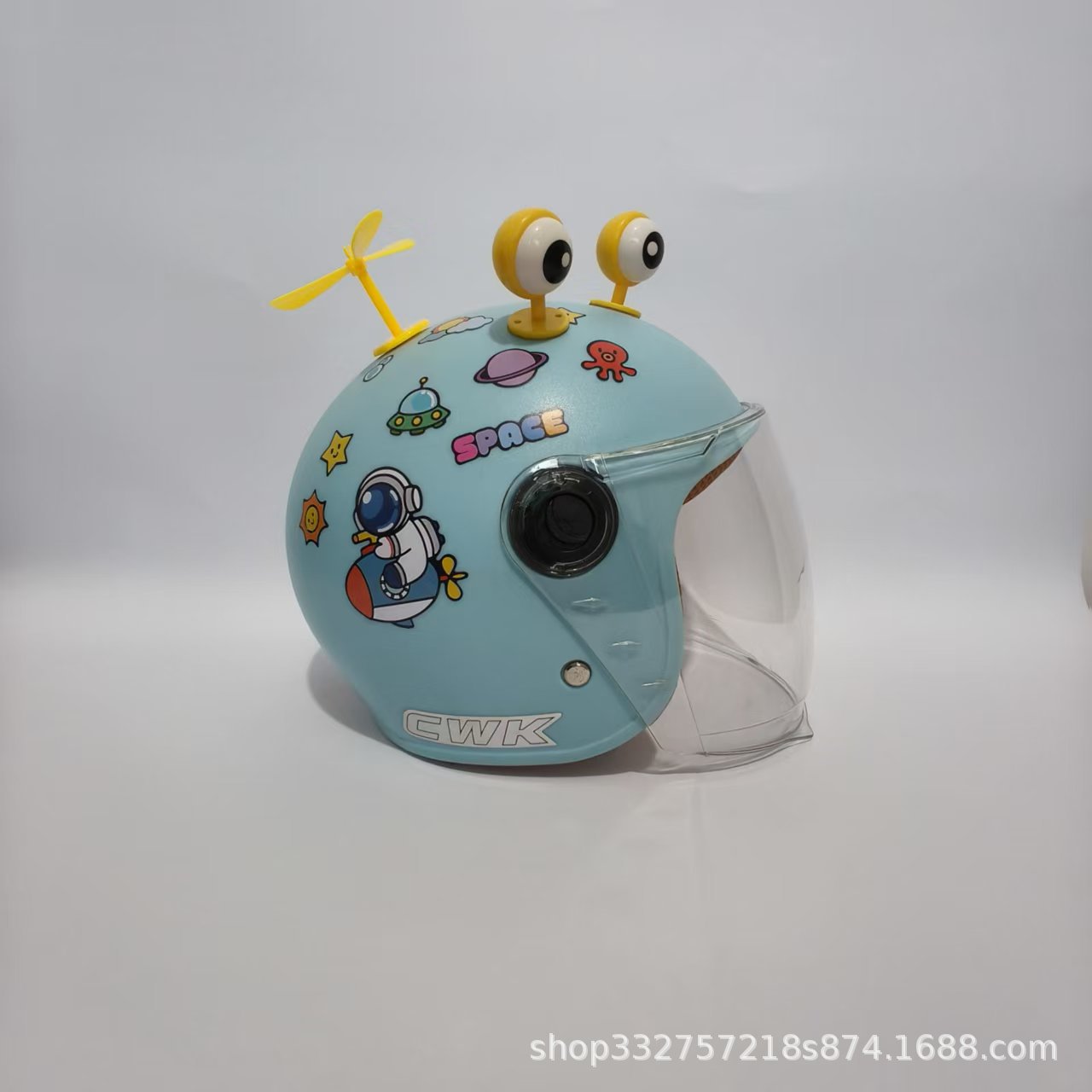 Certified 1-6 Year | Motuoche Motosiklet kaskı (dəbilqə) - water-blue-rocket-transparent-long-visor-yellow-eyes-yellow-windmill-3c-children-1-6-years-old-wl07