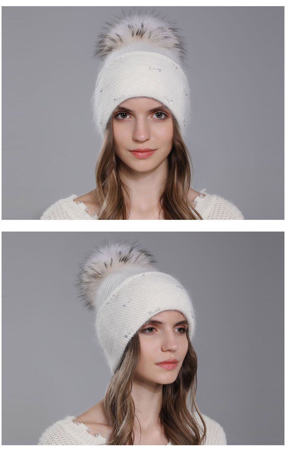 Cappello invernale con pelliccia di procione coniglio lavorato a maglia da donna in lana versatile con doppia piega capovolta_voghion.com