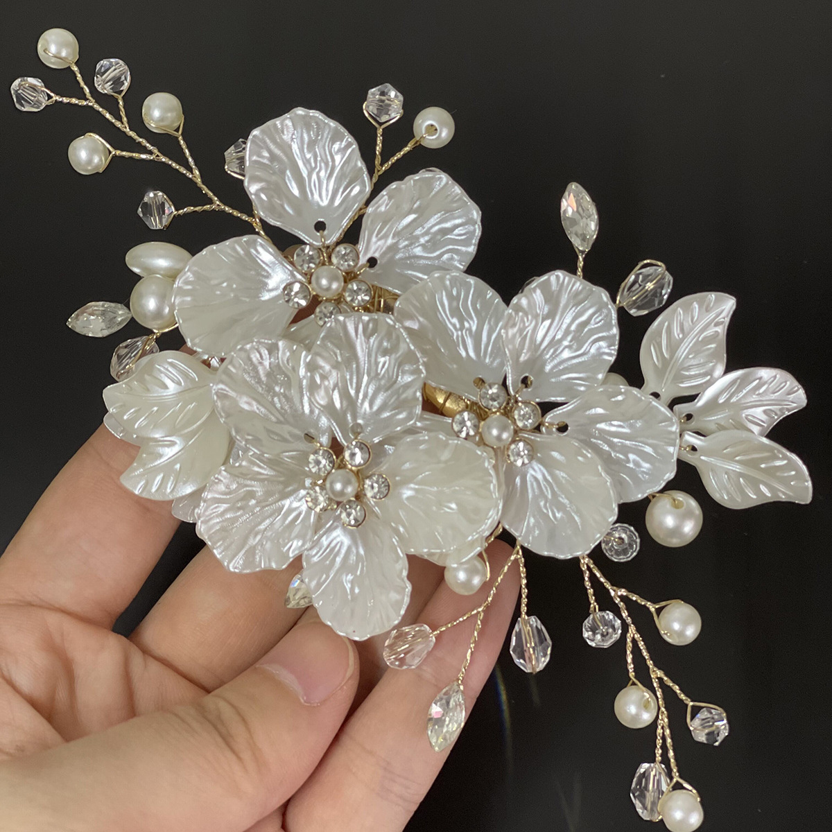 bride wedding white shell petals handmade pearl crystal hairpin headwear