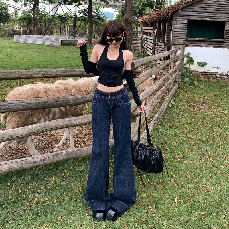 &American Retro Low-Waist Hot Girl Double-Button Loose Bell-Bottom Pants Autumn and Winter Drapey Versatile Jeans Women's New Cotton